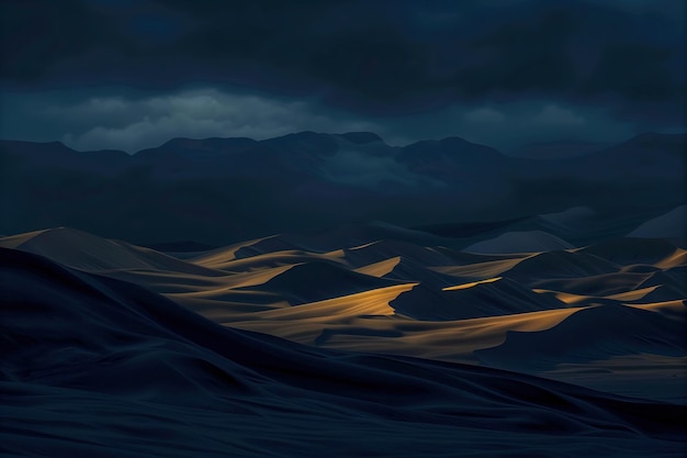 Una pintura de una cordillera en el desierto nocturno