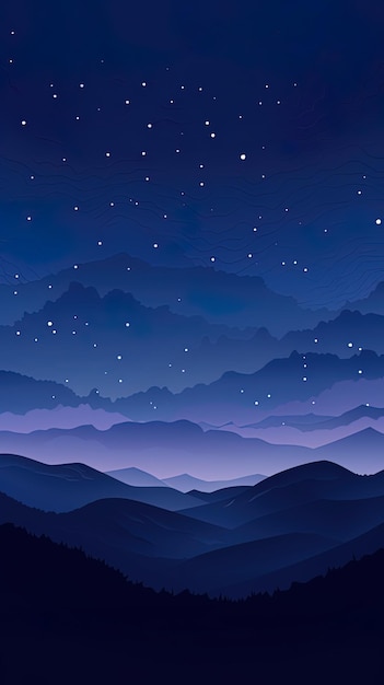 una pintura de una cordillera con estrellas en el fondo