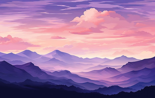 una pintura de una cordillera con nubes rosas y púrpuras