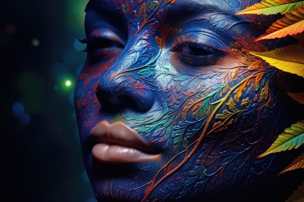 Pintura corporal colorida de la naturaleza en el rostro de la mujer