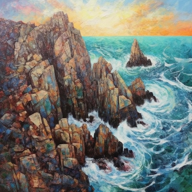 pintura de una costa rocosa con olas rompiendo contra las rocas ai generativo