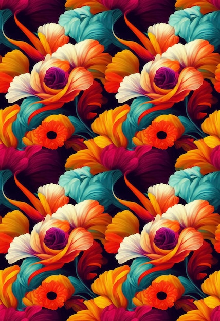 Pintura sin costuras de flores abstractas de estilo barroco brillante Colores cálidos y vibrantes Fondo floral Textura teselada para envoltura de regalo de cubierta de tela o diseño o página de inicio Ilustración 3D