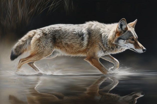 Una pintura de un coyote corriendo en el agua.