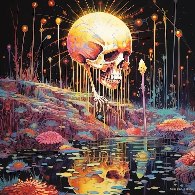 Foto una pintura de un cráneo flotando en un estanque de agua