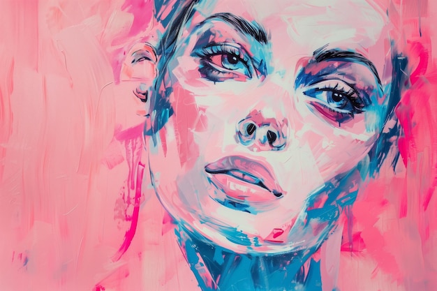 Foto pintura creativa abstracta de una hermosa mujer joven sobre un fondo rosa arte moderno