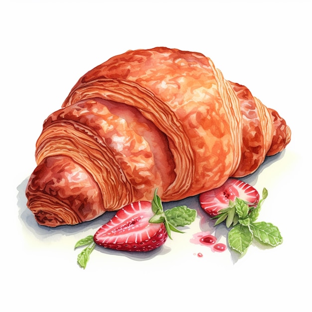 pintura de un croissant con fresas y hojas de menta ai generativo