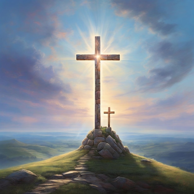 una pintura de una cruz en una colina con el sol brillando a través de las nubes