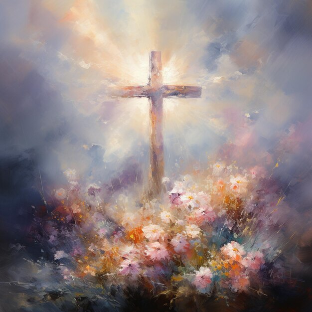 pintura de una cruz con un fondo de cielo y flores generativo ai
