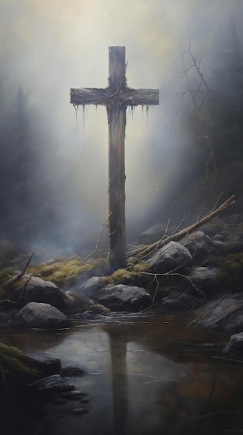 una pintura de una cruz en la niebla por persona