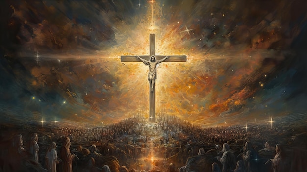 Una pintura de una cruz con la palabra jesus en ella