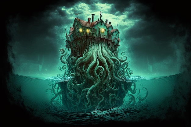 Una pintura de un cthulhu flotando en el agua.