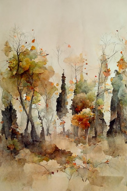 Pintura de un cuadro de un bosque con arboles y hojas ai generativo.