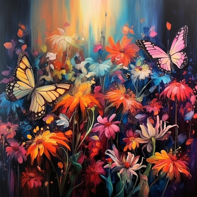 Pintura de un cuadro de un campo de flores con una mariposa generativa ai.