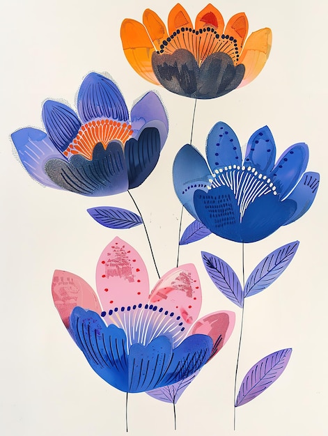 Una pintura de cuatro flores con pétalos azules y rosados