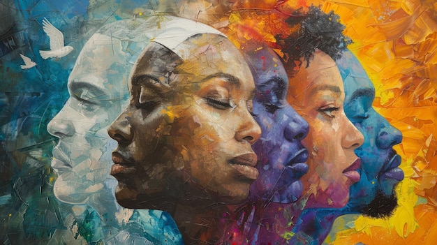 Una pintura de cuatro personas con caras de diferentes colores