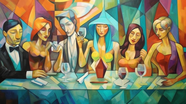 Una pintura de cuatro personas sentadas en una mesa con copas de vino y una de ellas tiene un patrón geométrico azul y verde.