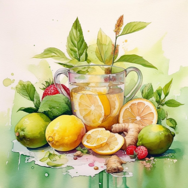 una pintura de un cubo de frutas