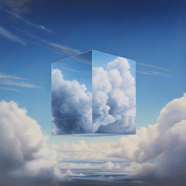 una pintura de un cubo con nubes