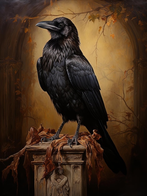 una pintura de un cuervo con un pico largo y un pico negro.