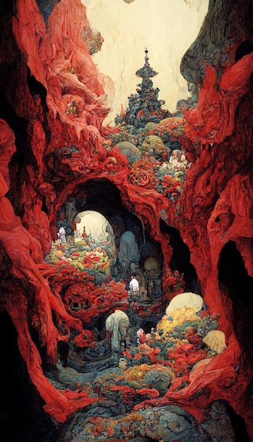 Una pintura de una cueva con un fondo rojo y una cueva roja con un hombre con sombrero.