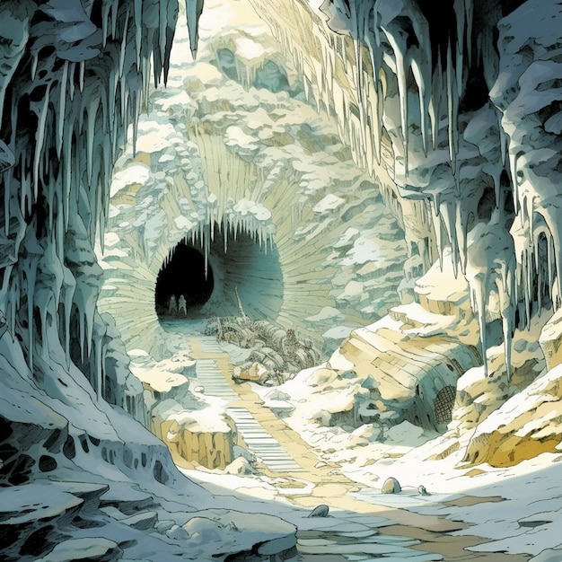 una pintura de una cueva de hielo con una cueva de hielo al fondo.