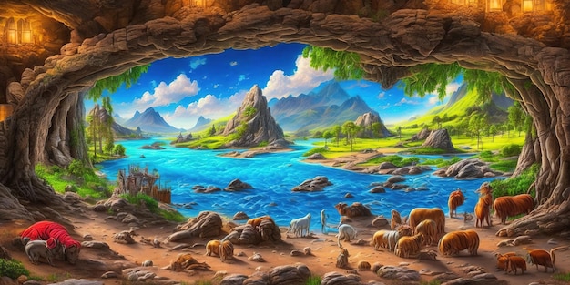 Una pintura de una cueva con un lago azul y montañas al fondo.