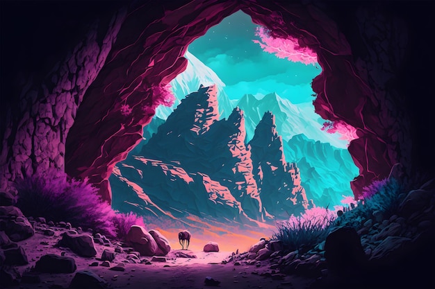 Una pintura de una cueva con montañas al fondo.