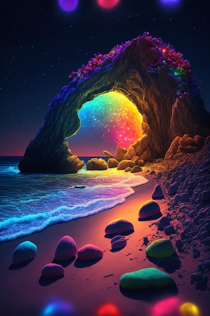Pintura de una cueva en una playa de noche generativa ai