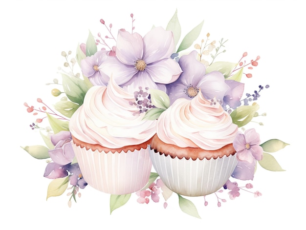 una pintura de cupcakes con flores y hojas y flores