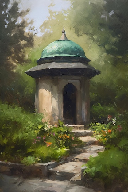 Una pintura de una cúpula verde con un jardín florido al fondo.