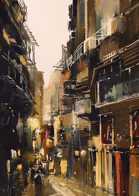 pintura da cidade mostrando um beco estreito com edifícios antigos