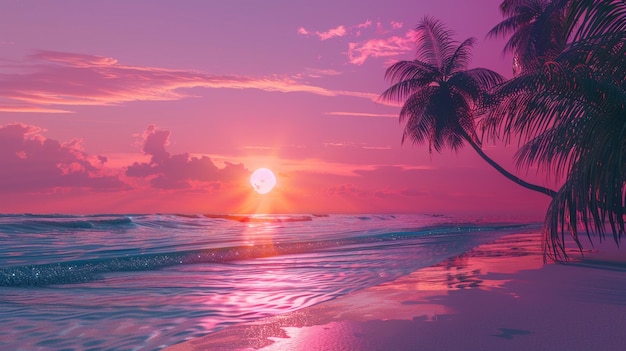 Pintura da praia do pôr-do-sol tropical Cena serena do oceano