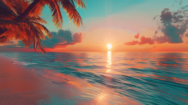Pintura da praia do pôr-do-sol tropical Cena serena do oceano