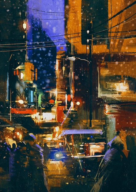 pintura da rua da cidade à noite no inverno