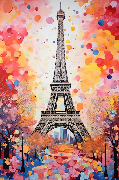 pintura da Torre Eiffel com balões coloridos no céu