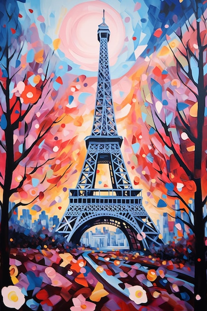 pintura da Torre Eiffel em Paris com árvores coloridas generativa ai