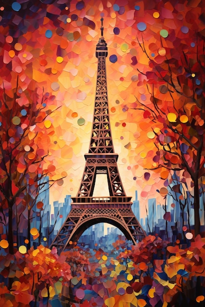 pintura da Torre Eiffel em Paris com árvores coloridas generativa ai