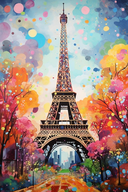 pintura da Torre Eiffel em Paris com árvores coloridas generativa ai