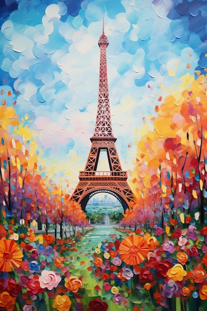 pintura da Torre Eiffel em Paris com flores coloridas generativa ai