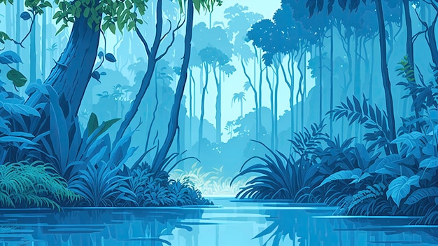 Pintura de água animada de floresta tropical com cor azul