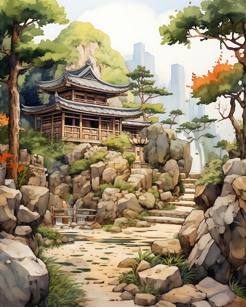 Pintura de aldeia japonesa