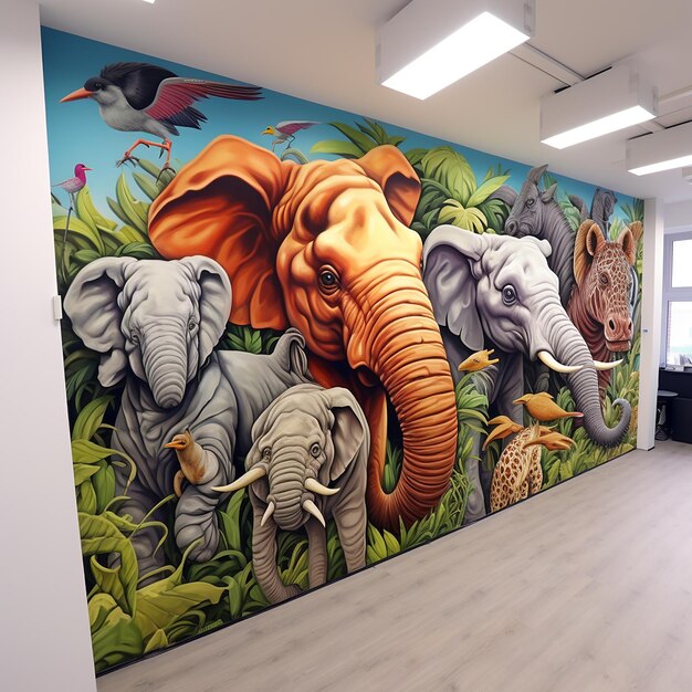 Pintura de animais na parede do escritório