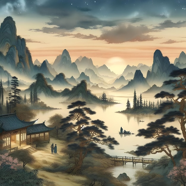 Pintura de aquarela chinesa clássica com belas paisagens e montanhas