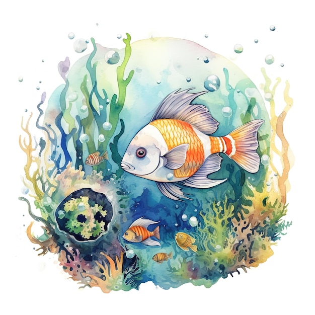 Pintura de aquarela de clipart subaquático
