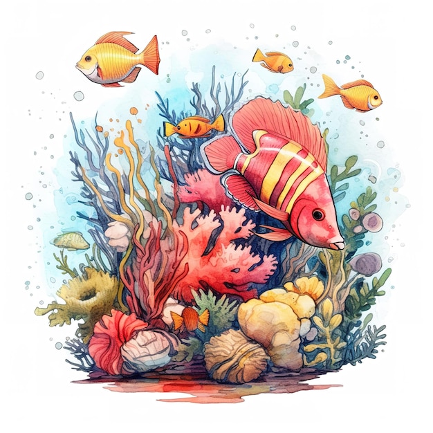 Pintura de aquarela de clipart subaquático