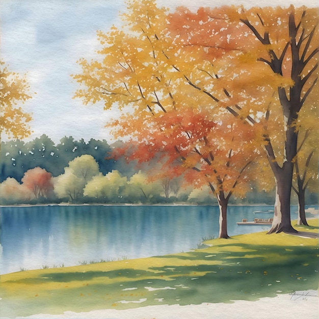 Pintura de aquarela de outono do parque