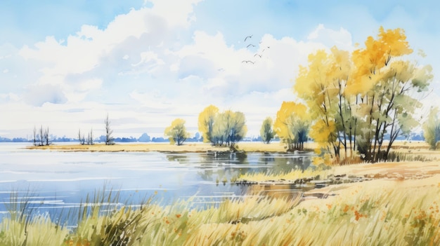 Foto pintura de aquarela serena do rio dnieper com salgueiros