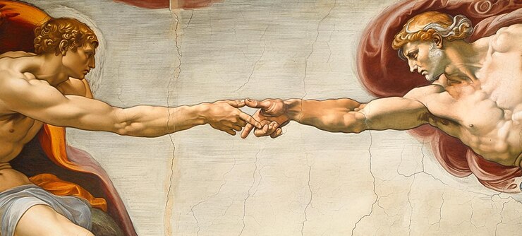 Foto pintura de arafed de dois homens apertando as mãos em uma sala