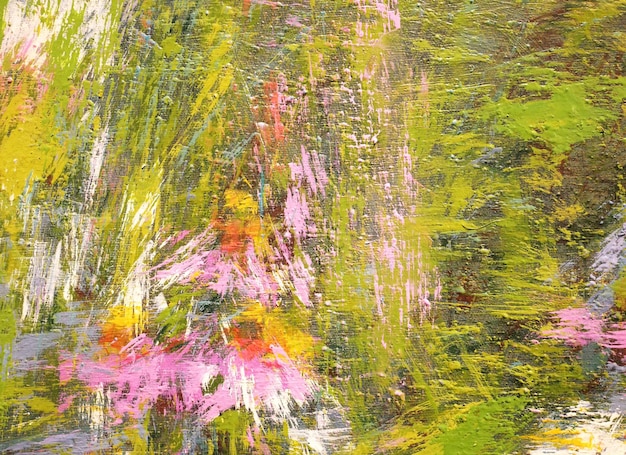 Pintura de arte abstrata textura cores rosa verde e branco com pincel de óleo pintura de faca de palete em fundo de lona