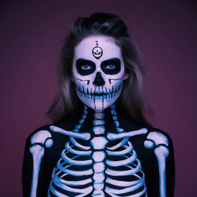 Pintura de arte corporal UV de esqueleto feminino de Halloween
